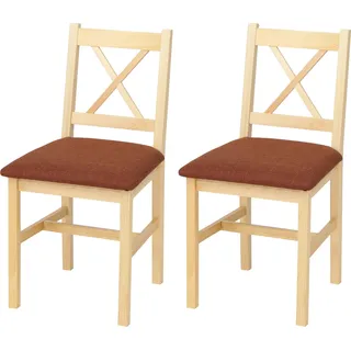 2er-Set Esszimmerstuhl HWC-F77, Lehnstuhl Küchenstuhl Stuhl, Massiv-Holz Stoff Landhaus natur Polster terrakotta - Braun