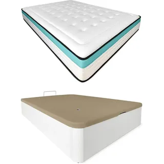 DUÉRMETE ONLINE Pack Viskoelastische Matratze Bio Max + aufklappbares Bettgestell aus Holz, hohe Kapazität, Weiß, 150 x 200 cm