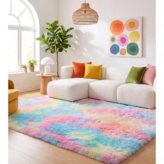 MARATIP Teppich Wohnzimmer Regenbogen 160x230 cm bunt Weich | Regenbogen-Hochflor-Teppich, waschbar, rutschfest, weich. Perfekt für Kinder- und Mädchenzimmer.