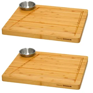 Dune Design DuneDesign 2X Steakteller Holz mit Dipschalen - 30x25cm Bambus Teller Set - Grill Servierplatte Holzbrett Küche Gastro Zubehör Burger Tablett Grill Zubehör - Sushi Geschirr Set 4 Personen Sushi Deko