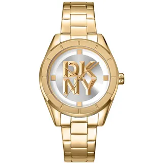 DKNY Chambers Midi Damenuhr 34 mm Gold Edelstahl, Quarz Armbanduhr mit silbernem Zifferblatt, analog 3 Zeiger, Mineralglas, 50 m wasserdicht