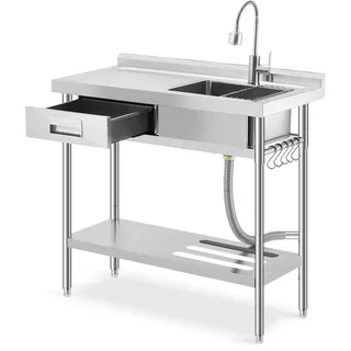 Garvee Edelstahl Spültisch 90×50×100CM, Freistehende Küchenspüle 1 Becken, Gewerbliche Spülbecken Mit Wasserhahn Kalt Und Warmwasserschläuchen, Für Waschküche Outdoorküche Gastro Geschäft Restaurant