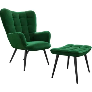 MIRJAN24 Ohrensessel mit Hocker Gunar, Stilvoll Lesesessel, Relaxsessel mit Hocker, Stilvoll Polstersessel Set (Farbe: Flaschengrün HCD-18) - Grün, Schwarz