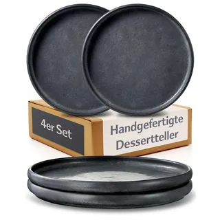 Cosumy 4er Dessertteller Set aus Steingut Ø22 cm – Handgefertigte Kuchenteller Schwarz – Elegante Frühstücksteller – Tafelservice Kleine Teller Set – Geschirr Set Modern (Tellerset für 4 Personen)