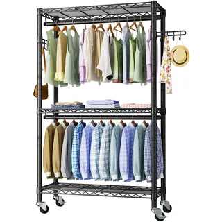 Golpart Tragbarer Kleiderständer zum Aufhängen von Kleidung, robuster Kleiderständer mit Rollen und verstellbaren Regalen, freistehender Metall-Kleiderschrank für Schlafzimmer