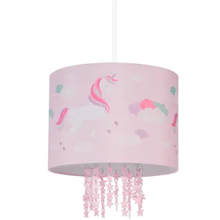Relaxdays Hängelampe Kinderzimmer, Lampenschirm mit Einhorn-Motiv, HxD: 158 x 35 cm, E27, Pendelleuchte für Kinder, rosa