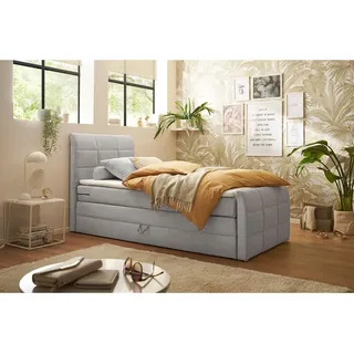 Mid.you Boxspringbett , Hellgrau , Textil , H3 + H4 , 7-Zonen , Höhe ca. 16 cm , 100x200 cm , Bettkasten, gepolstertes Kopfteil, Federkernmatratze, Topper durchgehend, Wendematratze mit unterschiedlichen Härtegraden , Schlafzimmer, Betten, Boxspringbetten