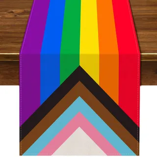 Nepnuser Regenbogen-Tischläufer, rustikaler Juni-Pride-Monat, LGBTQ+, Party-Dekoration, Leinen, Bauernhaus, Zuhause, Esszimmer, Küche, Tischdekoration, 33 x 183 cm