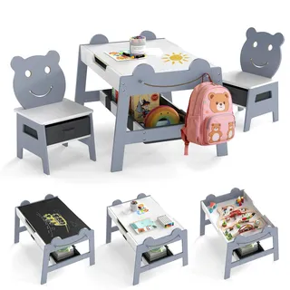 FANTASK Kindertisch mit 2 Bärenstühlen, 5-in-1 Maltisch mit Wendetafel & Whiteboard, Kindersitzgruppe mit Stauraum, 4 Haken & Stoffbehältern für Kinder von 3–10 Jahren, 70 x 60,5 x 50 cm (Grau)