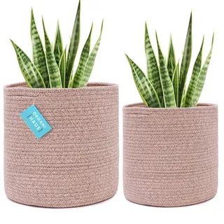 OrganiHaus Gewebter Pflanzen Übertopf Korb im 2er-Pack - Indoor Boho Korb Pflanze - Baumwollseil Übertopf für Boden - Pflanzentopf Korb (Braun - 25cm und 30cm)