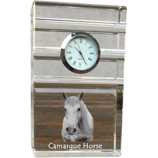 Camargue-Pferd - Glasuhr mit Foto, Pferdefoto im Kristall, personalisierte Tischuhr für das Büro der Marke Art-Dog