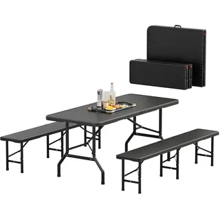 JUMMICO Bierzeltgarnitur Klappbar 3er Set Tisch & 2X Bank,Rattanoptik Biertischgarnitur 180x74x74cm Festzeltgarnitur Biergarten Biergarnitur für Garten, Party und Camping