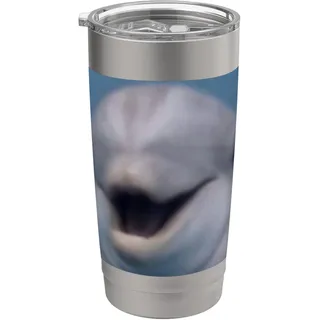 Lustiges süßes lächelndes Delfingesicht Meme verschwommenes Foto Doppelwandiger Edelstahl-Thermobecher