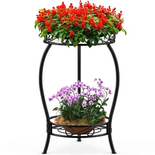 Bomclap Pflanzenständer aus Metall, 48cm Blumenständer Pflanzenständer, 2-stufige Blumentopf Ständer Blumentopfhalter für Drinnen & Draußen, Schwarz