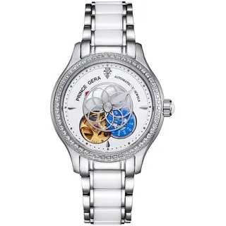 PRINCE GERA Damen Armbanduhr Automatikuhr für Damen Lotusblumen Skelett Diamant Damen armbanduhren aus Edelstahl Keramikband