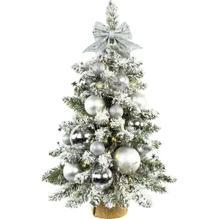 Künstlicher Weihnachtsbaum 60 cm – SILBERNE WEIHNACHTEN II, geschmückt mit 34-teiligem Weihnachtsbaumschmuck, mit LED-Beleuchtung, inkl. Pflanztopf mit Jutesack - Weiß, Silber
