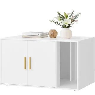 Feandrea Custos Kollektion - Katzenklo-Schrank, Moderne Katzentoilette, Katzenhaus, Vordereingang, Doppeltüren mit Griffen, Beistelltisch, für Wohnzimmer, 80 x 50 x 45 cm, mattweiß PCL020WB02