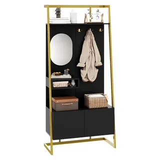 Moderne minimalistische Kompaktgarderobe mit offenem Design, multifunktionalem Aufbewahrungsschrank, Spiegel, Metallhaken, Garderobenständer und Schuhbank in Schwarz