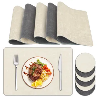 Tischsets Abwaschbar und Untersetzer, Zweifarbig Platzsets Abwaschbar Lederoptik Fleckabweisend Platzdeckchen Abwischbar mit Untersetzer Waschbar (Grau Cremeweiß, 6er Set)
