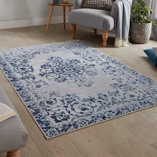 Dreams & Drapes Blauer Damast-Teppich (120 x 180 cm), traditionelles botanisches Blumenmuster, Marineblau, waschbar, rutschfest, für Wohnzimmer und Schlafzimmer, Faraday-Kollektion, 100% Polyester
