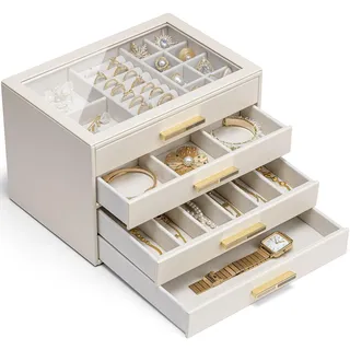 VLANDO Schmuckkästchen Groß, Schmuckkasten mit 4 Ebenen, Schmuck Organizer mit Glasdeckel, 4 Schubladen,für Halsketten, Ohrringe, Uhren, Armbänder, Schmuckaufbewahrung, Modern, Cinderella Plus, Beige