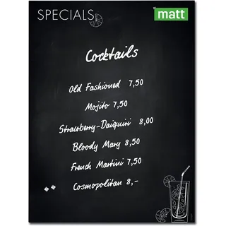 SIGEL GL276 Premium Glas-Magnettafel 120x90 cm Happy Hour, Menütafel schwarz, matt - nicht spiegelnd, SGS geprüft, einfache Montage, incl. 2 starke Magnete, Artverum