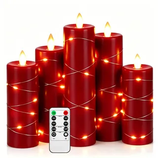 Da by 5 Stück Rote Paraffin LED Kerzen mit Feenlichtkette, Realistische Flackerflamme, Batteriebetriebene Premium Kerzen mit Fernbedienung, Wiederverwendbar für Fest- und Wohndekoration