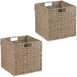 Relaxdays Aufbewahrungskorb, 2er Set, Seegras, geflochtenes Design, Kleidung, Spielzeug, 30x30x30 cm, Regalkorb, Natur