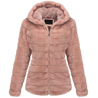 BELLIVERA Damen Kunstpelz Zotteliger Mantel Herbst Winter Warme Mode Lange Ärmel Reißverschluss Kurz Kapuze Jacke 1801 Rosa L