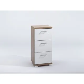 byLIVING Seitenschrank NEBRASKA in Sonoma Eiche Hochglanz lackiert/Kleiner Badschrank mit 3 Schubladen und silberfarbenen Griffen/B 35,5, H 74, T 31,5 cm Nebraska 03 Braun - Hochglanz Weiß