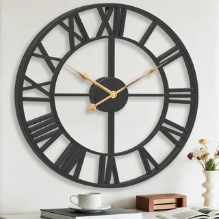 Pytha Sight Wanduhr Schwarz Groß Modern, 35cm Industrial Metall Wanduhr Ohne Tickgeräusch Vintage mit Römische Ziffern, Küche, Wohnzimmer, Esszimmer, Büro, Heimdekoration