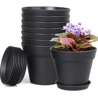 8er Pack Blumentopf mit Untersetzer 10cm - Schwarz Plastik Topf-Set für Innen- & Balkongärten