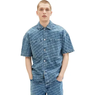 TOM TAILOR Denim Herren 1036274 Kurzarm-Jeanshemd mit Schriftzug, 31888-Wording Laser Print, M