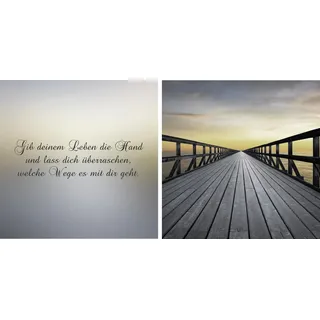 queence Leinwandbild »Weg in die Zukunft«, Steg-Sonnenaufgang-Himmel-Kunst-Modern-Spa-Spa Bilder-Sprüche-Sprüche & Texte-Schriftzug-Schriftzüge, (Set), Premium-Leinwandstoff, Handarbeit aus Deutschland, Spruch, 2er Set, grau
