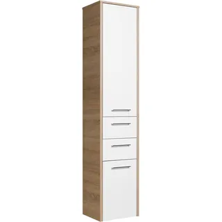 Saphir Hochschrank »Quickset 382 Badschrank 40 cm breit, 2 Türen, 2 Schubladen«, Badezimmer-Hochschrank, Weiß Hochglanz, Griffe in Chrom glänzend, braun