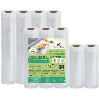KitchenBoss Vakuumierbeutel 9 Rollen Vakuumierfolie:15x2/20x3/28x4/300cm Vakuumbeutel Lebensmittel, Reißfeste Einschweißfolie für Alle Vakuumierer, Sous Vide und Mikrowellen