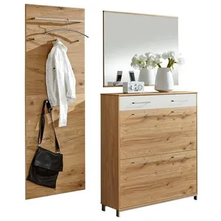 Xxxl Garderobe , Weiß, Eichefarben , Holz, Glas , 3-teilig , Eiche, Balkeneiche , furniert, teilmassiv , 170x195x31 cm , Goldenes M, Made in Germany, DGM-Klimapakt , Garderobe, Garderoben-Sets & Serien