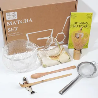 HEI MING Matcha Set hat 8 Teile, Zeremonielles Matcha Tee Set, Glas Matcha Schale und handgemachter Matcha Schneebesen