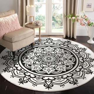 Carvapet Teppich Rund 150cm Weich und Flauschig Teppich Gegend Kreis rutschfest Waschbar Böhmisches Mandala Bodenteppich Wohnzimmer Schlafzimmer(Schwarz Mandala)