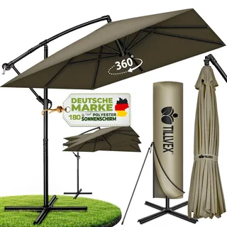 tillvex® Alu Sonnenschirm Rechteckig Ø 330 cm Rot + Abdeckung mit Kurbel | Ampelschirm Eckig mit Ständer | Gartenschirm UV-Schutz Aluminium | Kurbelschirm Marktschirm wasserdicht 360° drehbar - Rot