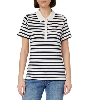 Tommy Hilfiger Damen Poloshirt Kurzarm 1985 Slim Pique Slim Fit, Weiß (Breton Stripes W White/Desert Sky), XL