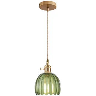 EKSED Vintage Pendelleuchte aus Glas mit Goldener E27-Fassung und Drehschalter, Lampenschirm in Blütenblattform, Hängelampe für Küche, Esszimmer oder Schlafzimmer (grün, 1 Stück)