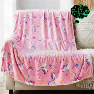 YTACREA Kuscheldecke Einhorn Flauschig, Glow in The Dark, Flanell Kinder Rosa Kuscheldecke für Mädchen Junge 2-12 Jahren, Kuscheldecken für Sofa, Reise, Bettwäsche Leuchtet im Dunkeln, 150*200cm