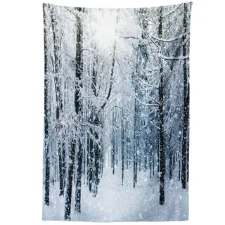 ABAKUHAUS Winter Wandteppich und Tagesdecke, Schnee bedeckter Wald aus Weiches Mikrofaser Stoff Waschbar ohne Verblassen Digitaldruck, 140 x 230 cm,Schwarz Weiß Blau