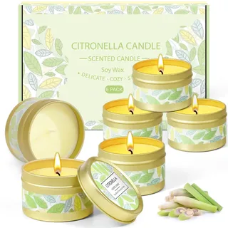 Scent-Hi Citronella Kerzen, Zitronengras Duftkerzen Outdoor, Citronella Duftkerze, Kerze Geschenkset mit Sojawachs für Innen und Außen, Garten, Camping, Picknick, Draussen (6 Kerzen)