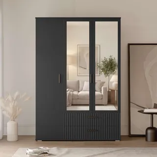 Kleiderschrank OTTO HOME "KOLLINE, modern mit viel Stauraum & geriffelter Struktur", anthrazit, B:125cm H:185cm T:52cm, FSC-zertifizierter Holzwerkstoff, Hartfaserplatte, Kunststoff, MDF, Schränke, Kleiderschrank, Garderobe mit 8 oder 4 Fächer, Kleiderstange, 2 Schubladen, Spiegel