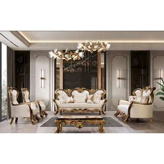 Luxus Sofagarnitur Barock Rokoko Sofa Set 3+3+1+1 Couchtisch Couch Klassisch - Beige