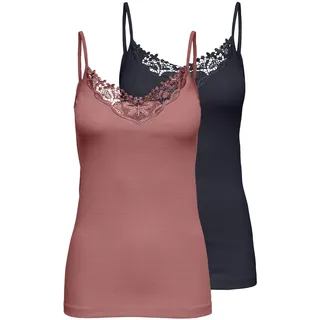 Spitzentop ONLY "ONLKIRA – Doppelpack mit Spitzendetail für feminine Looks", Damen, Gr. L (40), bunt (night sky, witherot rose), Jersey, Obermaterial: 100% Baumwolle, unifarben, figurbetont normal, V-Ausschnitt, Tops Spitzentop, figurbetont, modisch, Jersey, Baumwolle, V-Ausschnitt