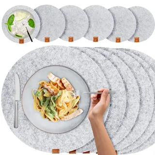 Miqio® - Filz und Leder - Design Platzsets (Rund) - Set mit 6 waschbaren Premium Tischsets 37 cm und 6 Getränkeuntersetzern (Graumeliert)...