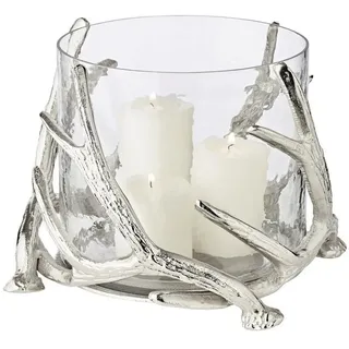 Edzard Windlicht Kingston, Höhe 20 cm, Durchmesser 25 cm, Hirschgeweih Design, Aluminium vernickelt, silberfarben, mit abnehmbarem Glas ohne Boden